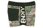 Stylish green and camo swim trunks featuring a large BinkyBro logo, perfect for adventurous kids. Ideal for summer fun.