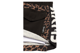 Stylish Stamped Leopard shorts featuring a trendy leopard print and bold branding, perfect for kids' activewear.