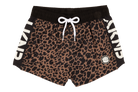 Stylish leopard print swim shorts with a black waistband and white drawstring, featuring bold branding on the sides.