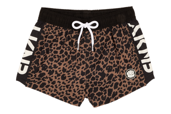 Stylish leopard print swim shorts with a black waistband and white drawstring, featuring bold branding on the sides.