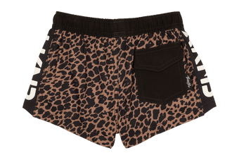 Stylish leopard print shorts with a black waistband and pocket, perfect for active kids who love adventure.