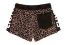 Stylish leopard print shorts with a black waistband and pocket, perfect for active kids who love adventure.