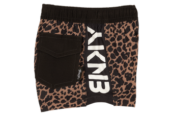 Stylish leopard print shorts featuring a black pocket and bold BinkyBro branding, perfect for active kids.