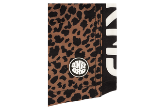 Stylish stamped leopard print fabric with a BinkyBro logo, perfect for trendy kids' apparel. Ideal for little adventurers.