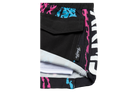Stylish black swim trunks featuring vibrant pink and blue stamped designs, perfect for kids' summer adventures.