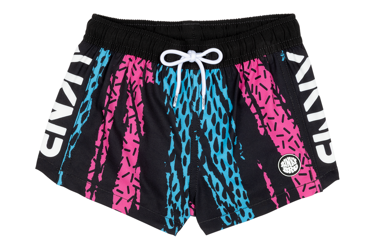 Colorful swim shorts featuring a bold design with pink and blue patterns, ideal for kids' summer adventures.