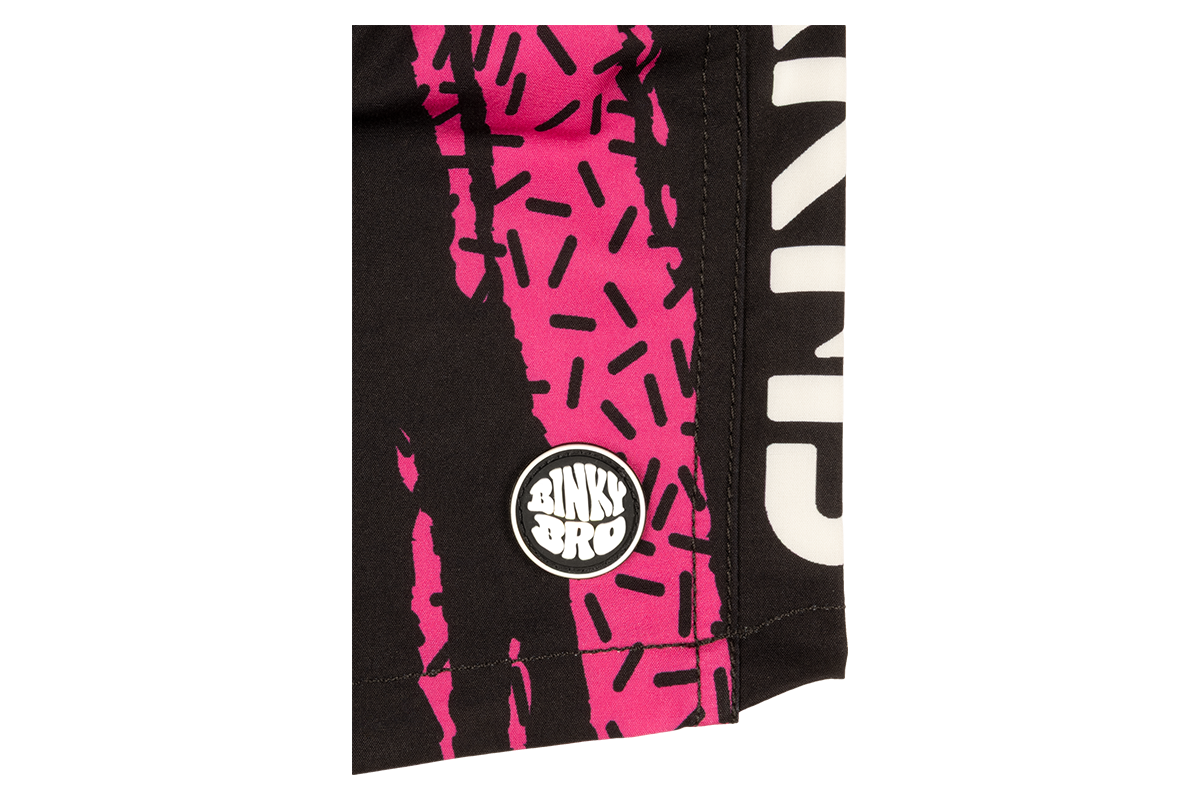 Close-up of the Stamped Vice design featuring bold pink and black patterns with the BinkyBro logo.