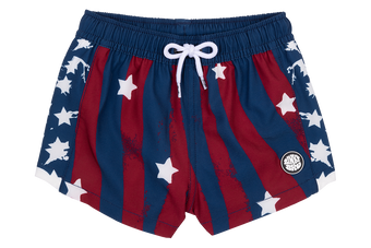 Red and blue swim shorts featuring white stars and stripes, perfect for a stylish summer look. Ideal for kids.