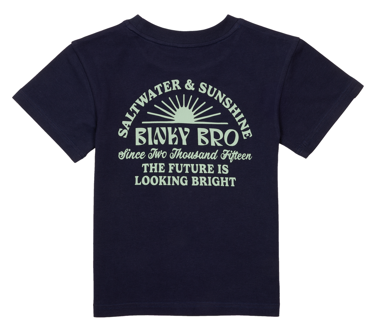 Navy blue children's t-shirt featuring a retro-style graphic with the text "Saltwater & Sunshine" and "Binky Bro" in light green.