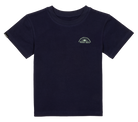 Navy blue short-sleeve t-shirt featuring a small logo on the chest, designed for infants and toddlers.