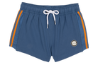 Blue swim shorts with orange stripes and a white drawstring, featuring a BinkyBro logo on the front. Perfect for summer fun.