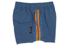 Stylish blue swim shorts for kids featuring orange drawstrings and a side pocket, perfect for summer adventures.