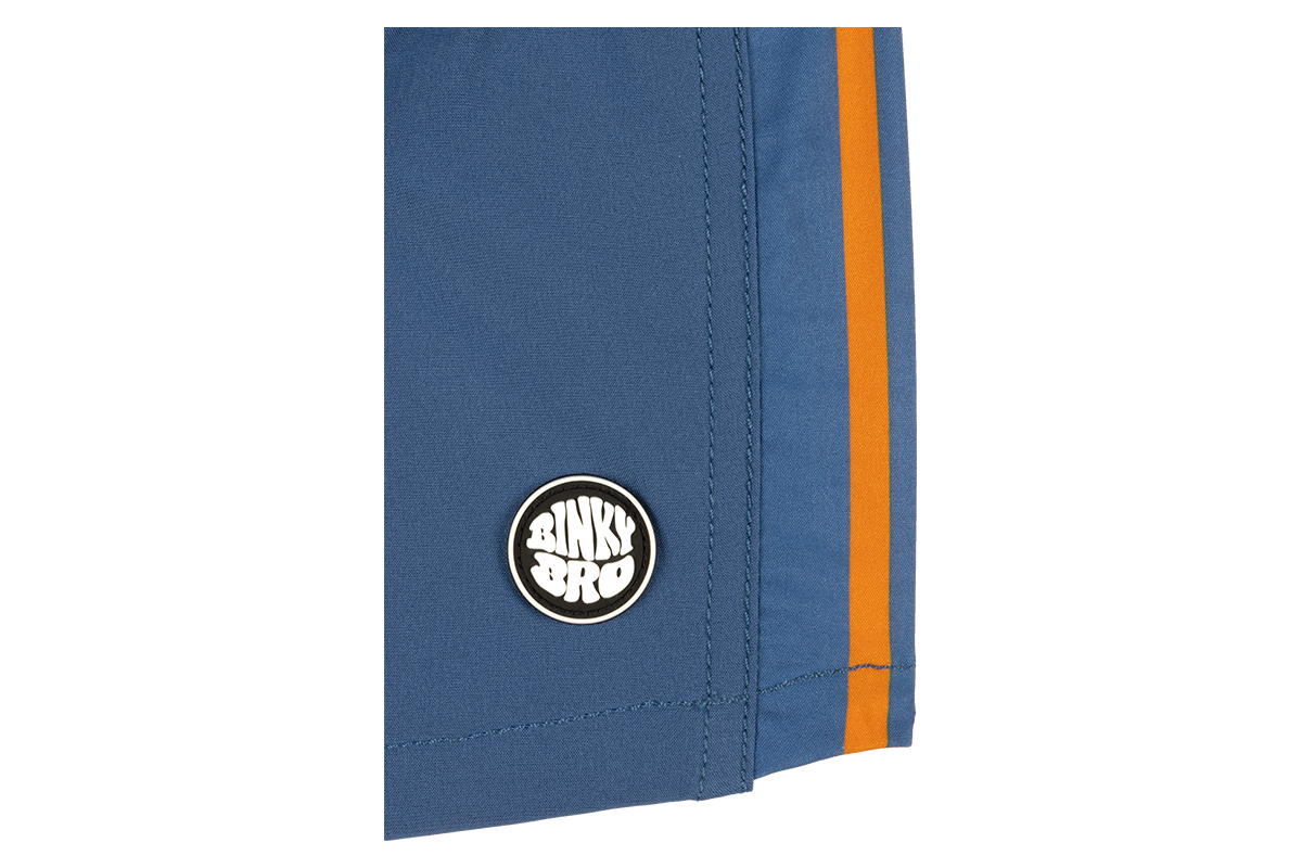 Stylish blue shorts with orange stripes and a BinkyBro logo, perfect for summer adventures for kids.