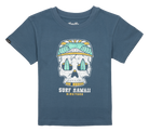 Blue toddler t-shirt featuring a colorful skull graphic with a surfboard and tropical elements, designed for a stylish beach vibe.