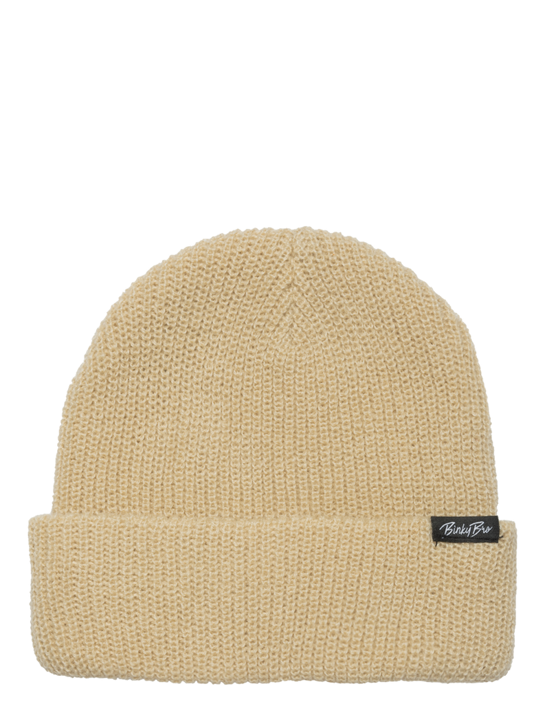 Our Moonrise Beige beanie is 100% acrylic. It has a "BinkyBro" signature fold tag along the edging. This is a FISHERMAN styled beanie. View more of our infant and toddler beanies.