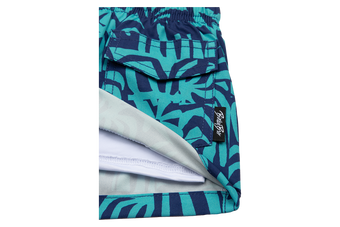 Stylish Tahitian swim trunks featuring a vibrant blue and green tropical pattern, perfect for kids' summer adventures.
