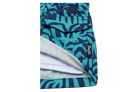 Stylish Tahitian swim trunks featuring a vibrant blue and green tropical pattern, perfect for kids' summer adventures.