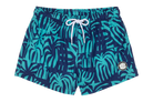 Stylish Tahitian swim shorts featuring a vibrant blue and green palm leaf pattern, perfect for kids' summer adventures.