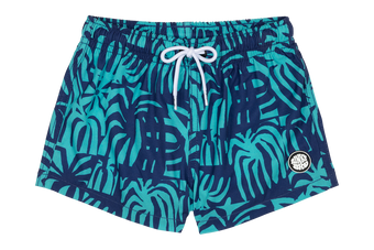 Stylish Tahitian swim shorts featuring a vibrant blue and green palm leaf pattern, perfect for kids' summer adventures.