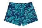 Stylish Tahitian swim shorts featuring a vibrant blue and teal tropical leaf pattern, ideal for kids' summer adventures.