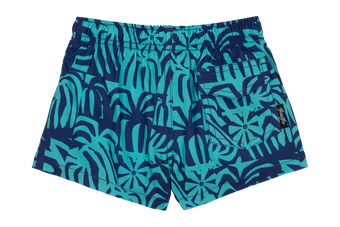 Stylish Tahitian swim shorts featuring a vibrant blue and teal tropical leaf pattern, ideal for kids' summer adventures.