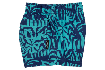 Tahitian swim shorts featuring a vibrant blue and teal tropical leaf pattern, perfect for stylish summer adventures.