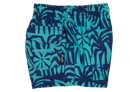 Tahitian swim shorts featuring a vibrant blue and teal tropical leaf pattern, perfect for stylish summer adventures.