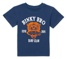 Navy blue t-shirt featuring a bold tiger graphic with "Binky Bro Surf Club" and "ESTD. 2015" text, perfect for kids.