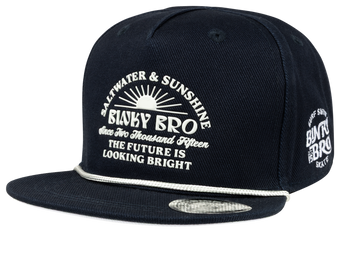 Navy snapback hat featuring "The Future is Looking Bright" graphic, designed for stylish kids with a surf-snow-skate vibe.