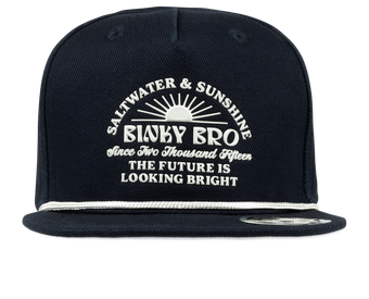 Navy snapback hat featuring "Saltwater & Sunshine" and "The Future Is Looking Bright" in stylish white lettering.