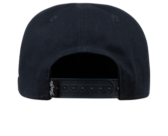 Back view of a black snapback hat featuring an adjustable strap, designed for stylish comfort for kids.