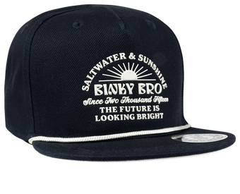 Navy snapback hat featuring "Saltwater & Sunshine" and "The Future Is Looking Bright" text, designed for kids.