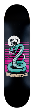 Stylish skateboard deck featuring a vibrant snake design with bold colors, perfect for young skaters.