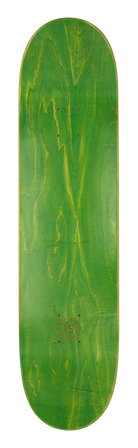 Green skateboard deck with a natural wood grain pattern, featuring a simple logo at the bottom. Ideal for young skaters.