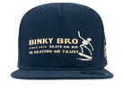 Navy snapback hat featuring a skeleton skateboarding graphic and the text "Binky Bro Since 2015 Skate or Die In Skating We Trust.