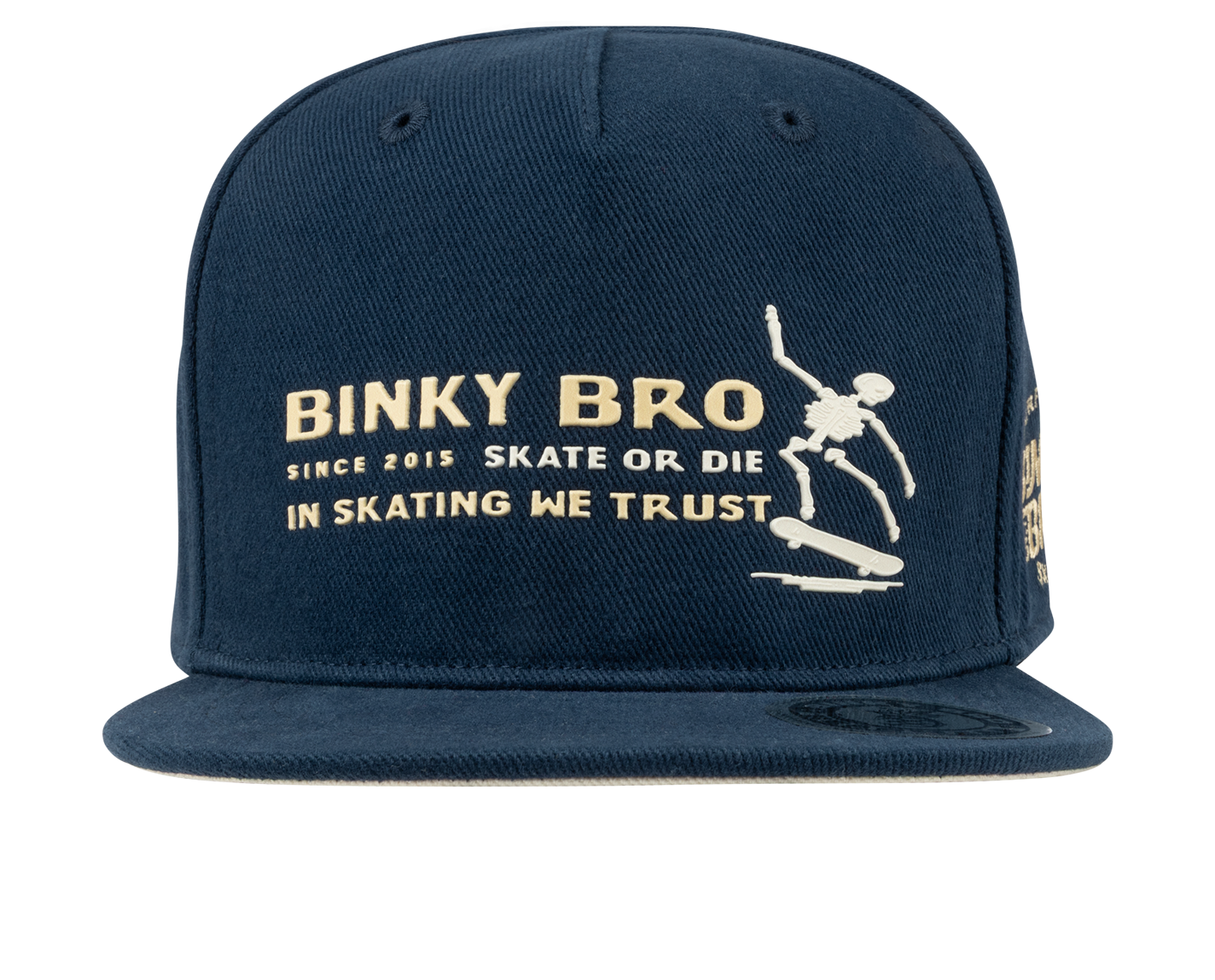 Navy snapback hat featuring a skeleton skateboarding graphic and the text "Binky Bro Since 2015 Skate or Die In Skating We Trust.