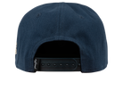 Navy blue snapback hat featuring a classic design with an adjustable strap at the back for a comfortable fit.