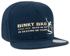 Navy snapback hat featuring "Binky Bro" logo and skateboarding graphic, designed for kids embracing surf-snow-skate culture.