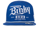 Blue snapback hat featuring "Binky Bro" logo and "Surf Snow Skate" text, designed for stylish kids' apparel.