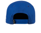 Back view of a blue snapback hat featuring a plastic adjustable strap, designed for kids with a stylish, casual look.