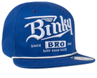Blue snapback hat featuring bold white "Binky Bro" logo and "Surf Snow Skate" text, designed for kids' stylish wear.