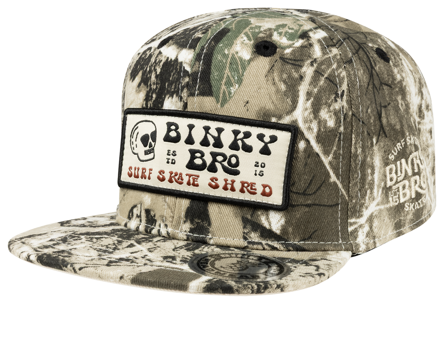 Stylish camo snapback cap from BinkyBro featuring a bold logo patch, perfect for young surf and skate enthusiasts.