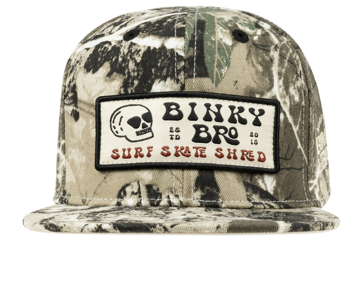 Stylish camo snapback hat featuring a bold BinkyBro logo, perfect for kids embracing surf and skate culture.