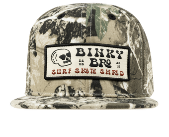 Stylish camo snapback hat featuring a bold BinkyBro logo, perfect for kids embracing surf and skate culture.