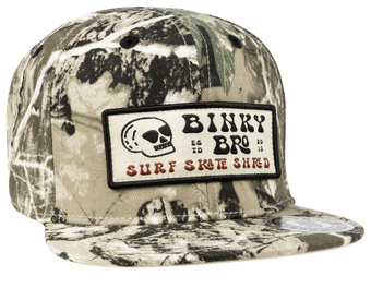 Stylish Tiree snapback hat featuring a camouflage pattern and a bold BinkyBro logo, perfect for young adventurers.