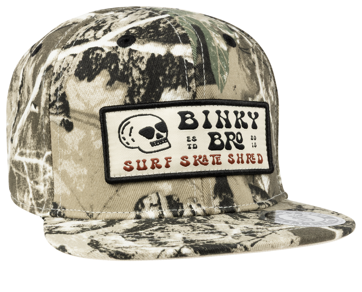Stylish Tiree snapback hat featuring a camouflage pattern and a bold BinkyBro logo, perfect for young adventurers.