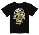 Black toddler t-shirt featuring a skeleton with a surfboard design, embodying a cool surf-snow-skate vibe.