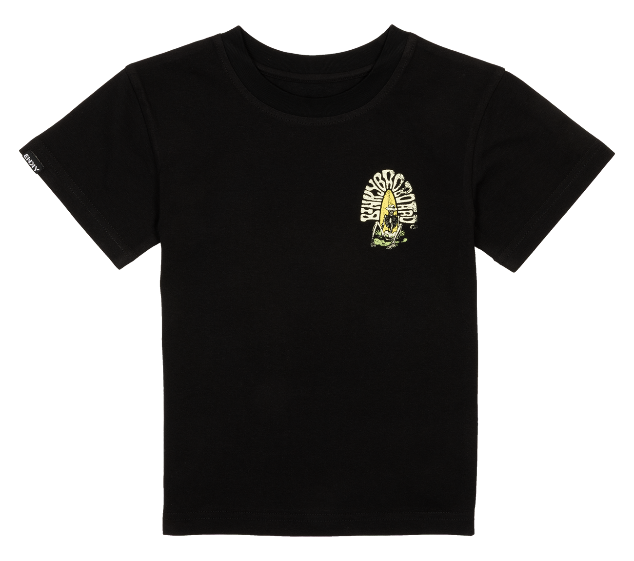 Black t-shirt featuring a colorful graphic design on the chest, ideal for stylish kids and young teens.