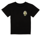 Black t-shirt featuring a colorful graphic design on the chest, ideal for stylish kids and young teens.