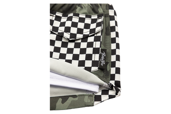 Stylish snapback featuring a black and white checkerboard pattern with a camouflage accent, perfect for kids.